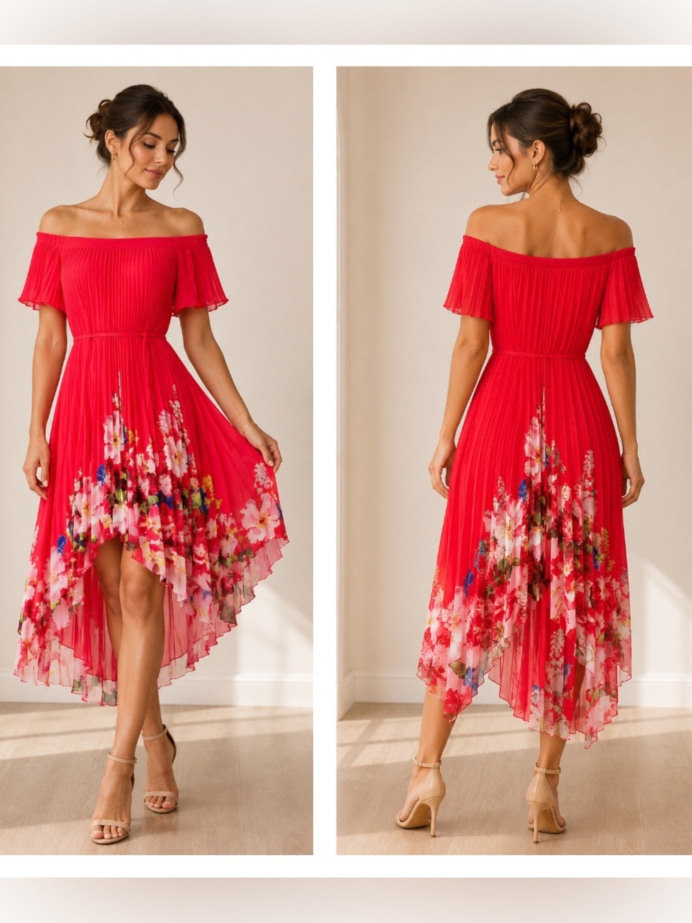 Ted Baker Red One-Shoulder Floral Handkerchief Hem Pleated High Low Dress 2